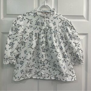 Mi Ami by Francesca's White Blue Floral Ruffle Button Womens XS Blouse Shirt Top